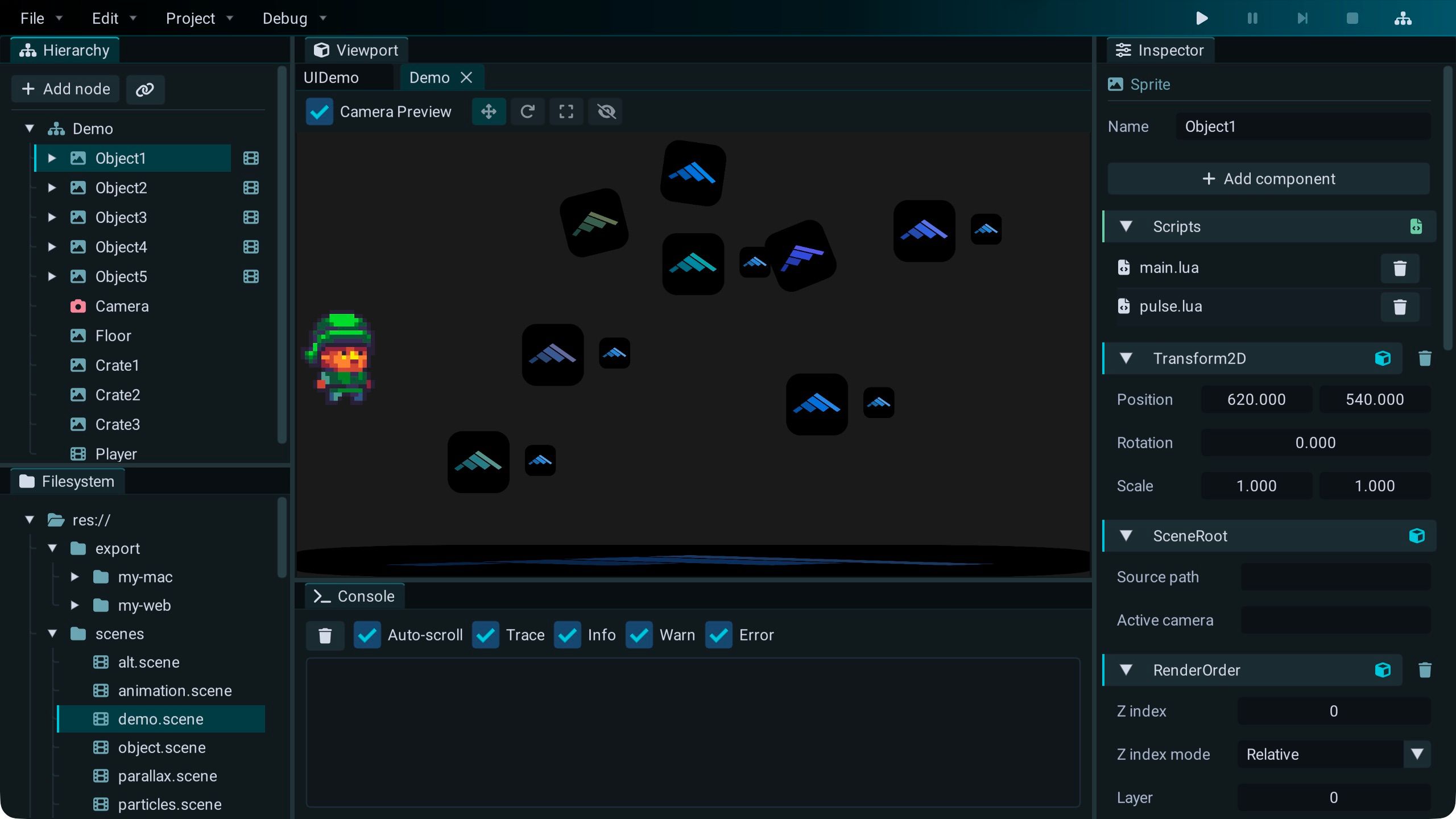 Sowa scene editor with a sprite scene, hierarchy, project files, viewport tools, and console